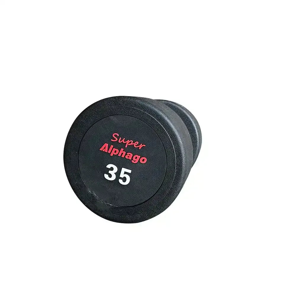 35kg Black round dumbbell with 'Super Alphago' branding on a white background