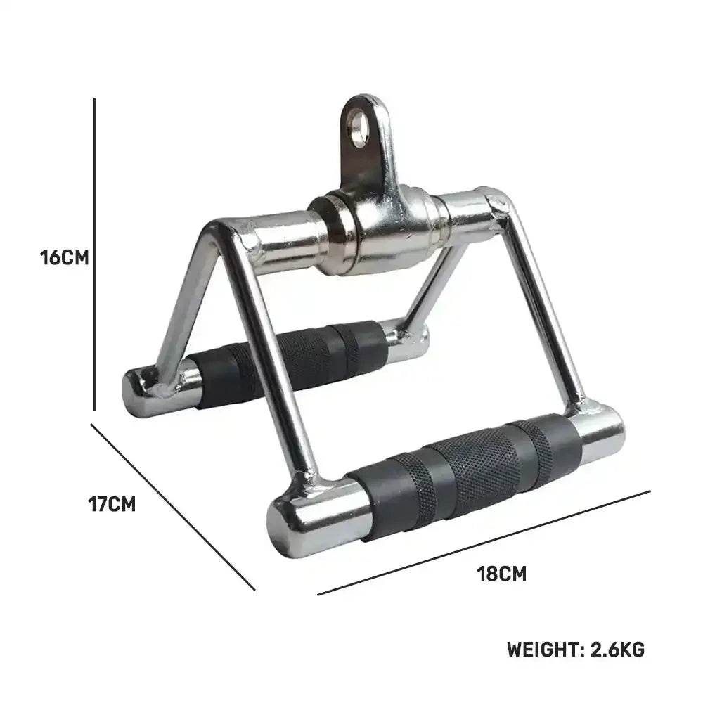 Chrome metal gym cable row handle with black grips, 16x17x18 cm, weight 2.6 kg