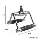 Chrome metal gym cable row handle with black grips, 16x17x18 cm, weight 2.6 kg