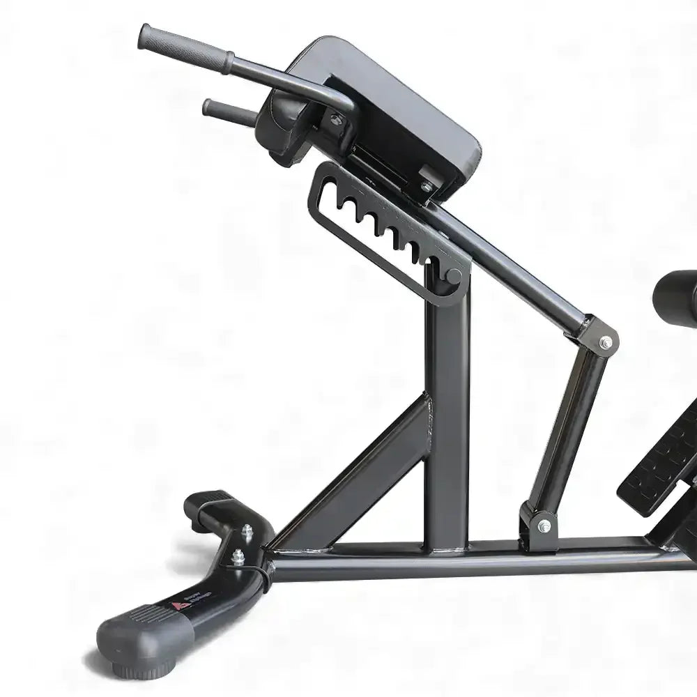 close up of the multi level area in black roman chair