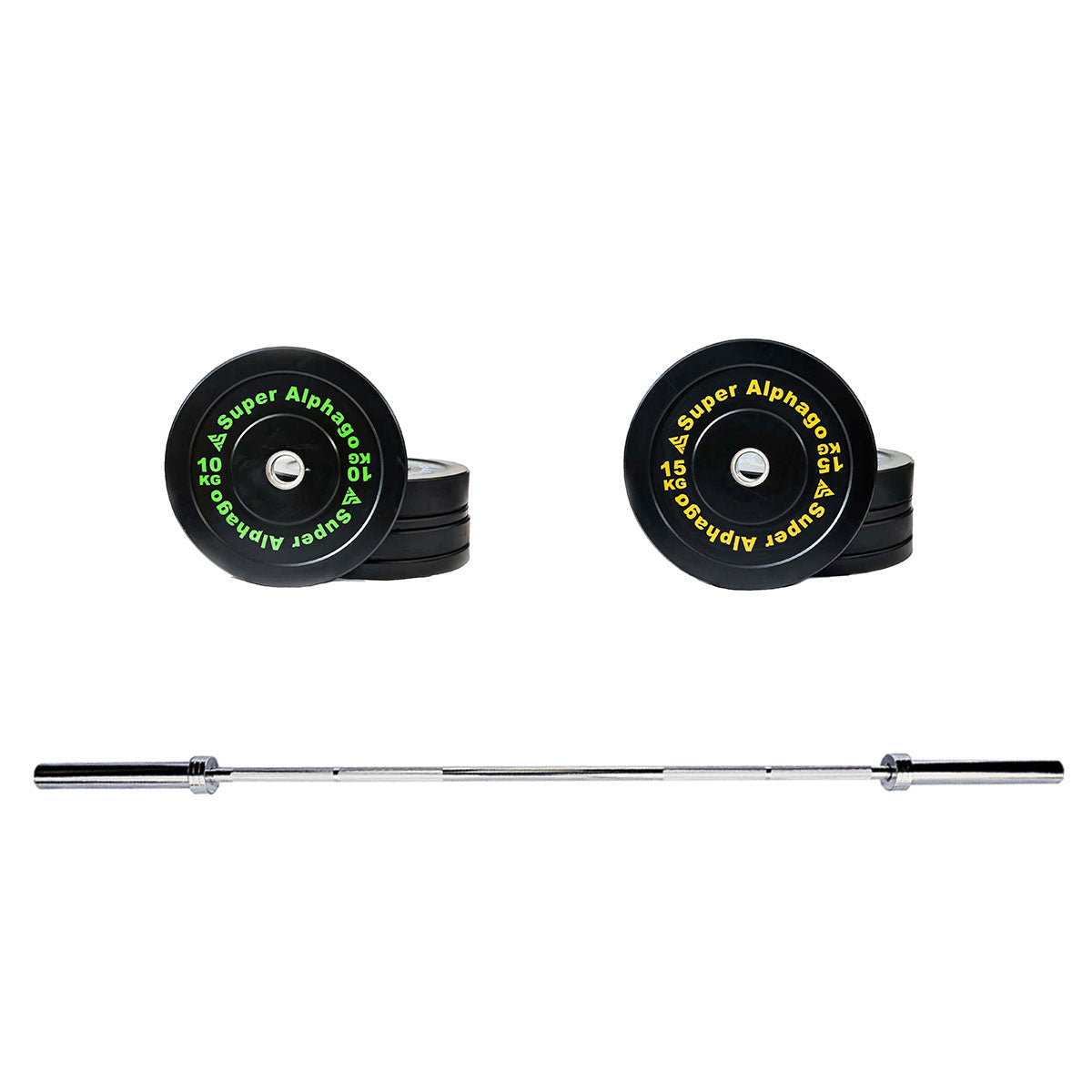set of 10/15kg bumper plates + 20kg barbell