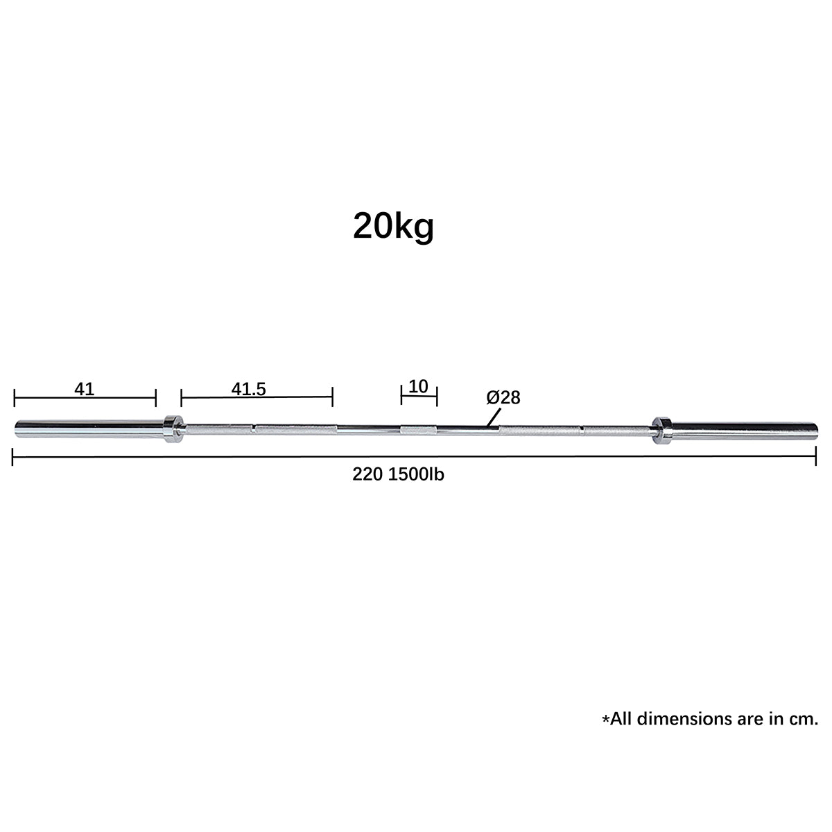 2.2m Olympic 1500lb Straight 20kg Barbell dimensions