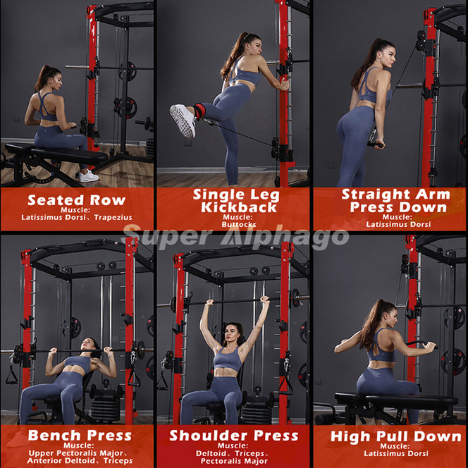 Female Model Image for Smith Machine SP024 Seated Row Single Leg Kickback Straight Arm Press Down Bench Press Shoulder Press High Pull Down