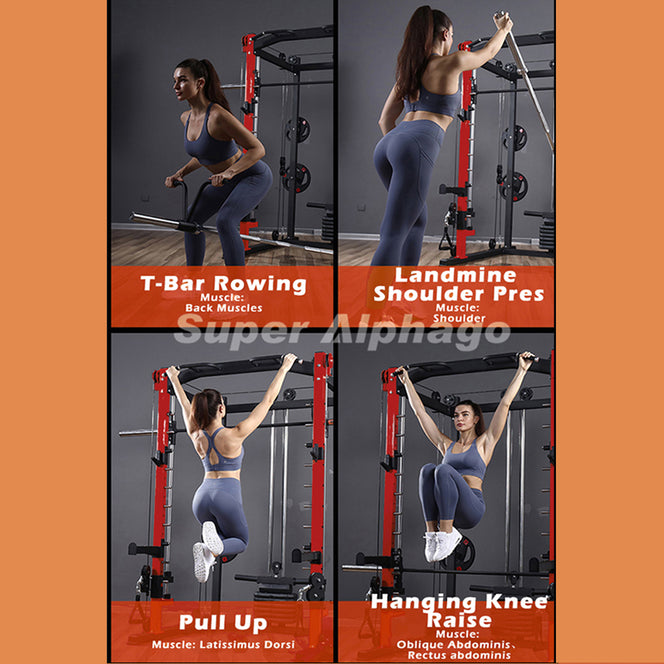 Female Model Image for Smith Machine SP024 T-Bar Rowing, Landmine Shoulder Press, Pull Up, Hanging Knee Raise