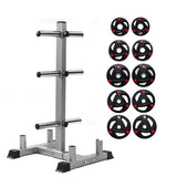 set of 2.5/5/10/15/20kg Tri-Grip Weight plates + Weights and barbell Rack